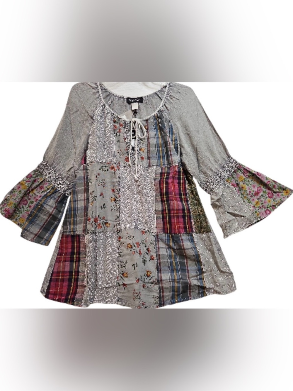 Young Threads Boho Patchwork Peasant Blouse - Gray Multi size Large